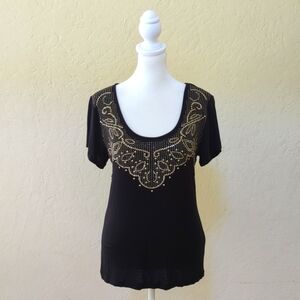 bebe Black Split Sleeve Gold Stud Embellished Scoop Neck Tee Size Medium